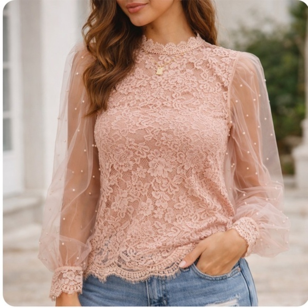 Blush pink lace sheer organza blouse mock neck and faux pearls M